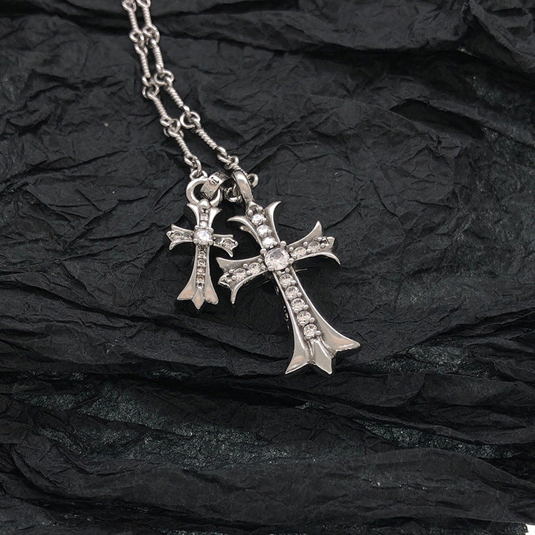 Chrome Couple Necklace with Diamond Cross Pendant