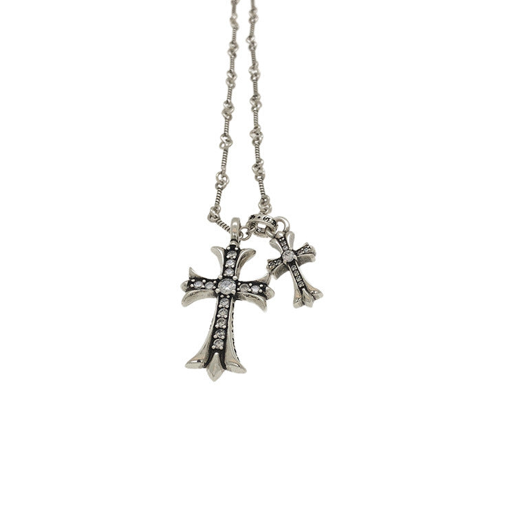 Chrome Couple Necklace with Diamond Cross Pendant