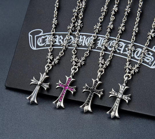 Chrome Design Silver Black Cross Flower Necklace