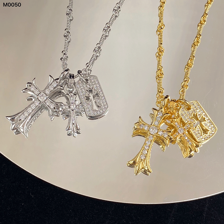 Chrome Double Cross Gold Full Diamond Retro Three Piece Necklace