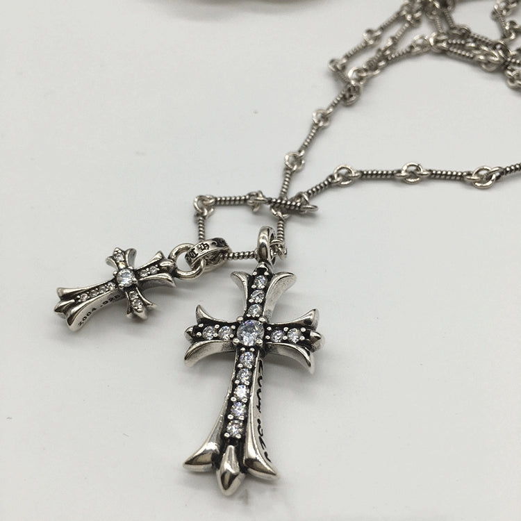 Chrome Double Cross Necklace with Shine Diamond Pendant