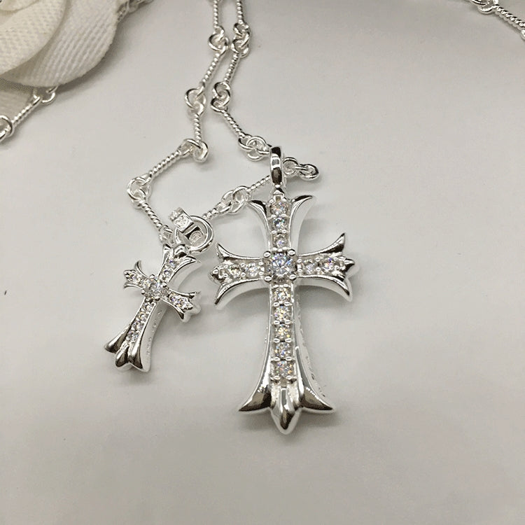 Chrome Double Cross Necklace with Shine Diamond Pendant