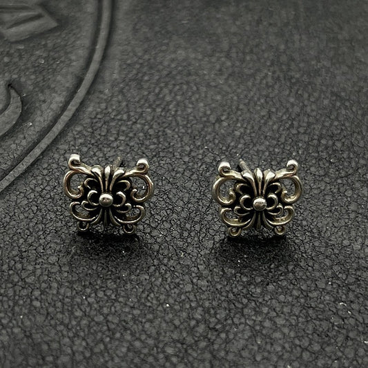 Chrome Design Butterfly Flower Earrings, Goth Stud Earrings
