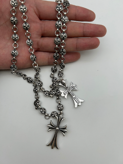 Chrome Jewels Cross Flower Necklace, Gothic Necklace