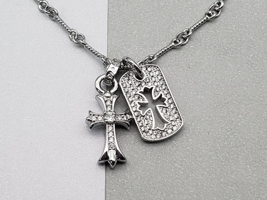 Chrome Double Silver Cross Necklace with Shine Diamond Pendant