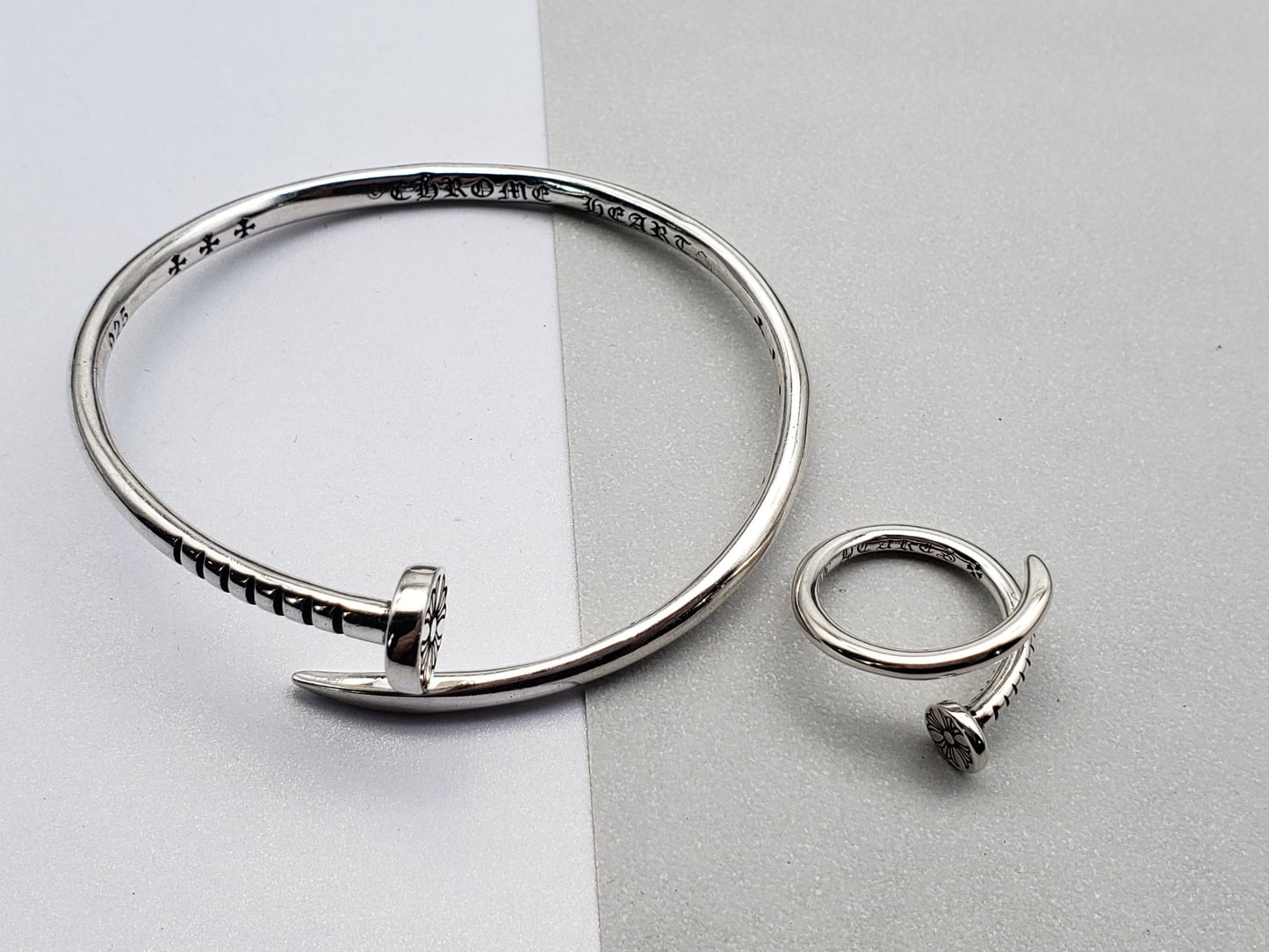 Chrome Style Adjustable Thumbtack Ring & Bracelet Set