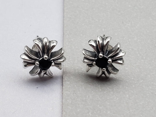 Chrome Design Black Cross Flower Stud Earrings