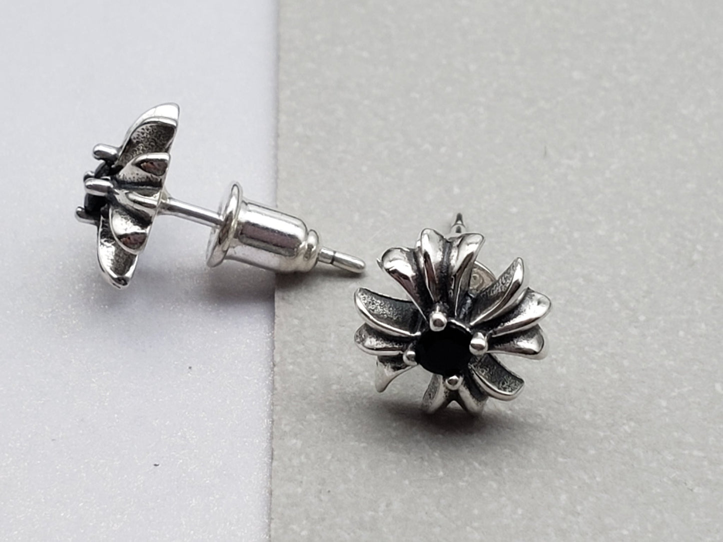 Chrome Design Black Cross Flower Stud Earrings