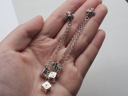 Chrome Design Cross Long Chain Dice Pendant Earrings