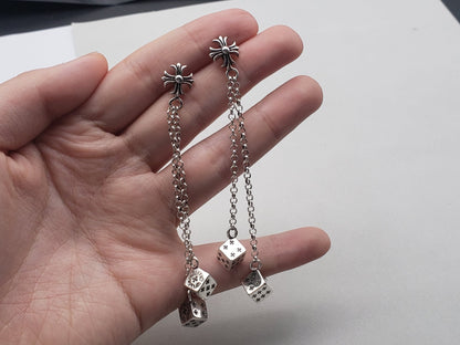 Chrome Design Cross Long Chain Dice Pendant Earrings