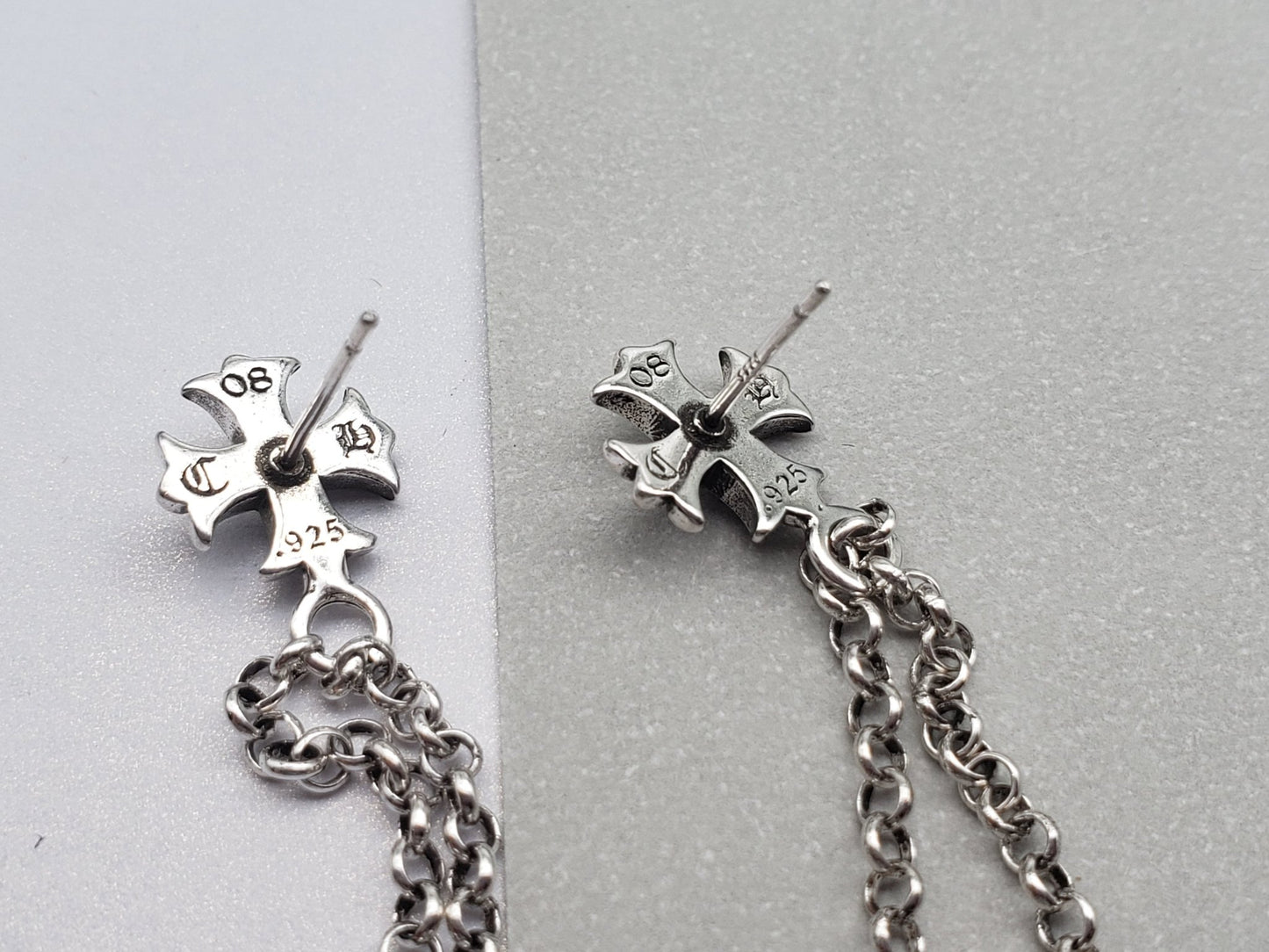 Chrome Design Cross Long Chain Dice Pendant Earrings