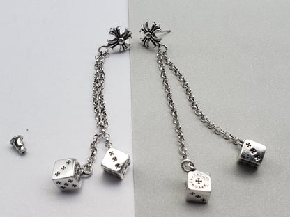 Chrome Design Cross Long Chain Dice Pendant Earrings