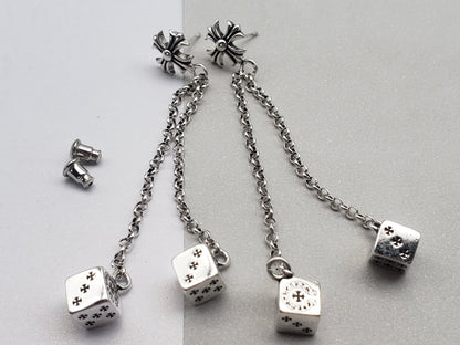 Chrome Design Cross Long Chain Dice Pendant Earrings