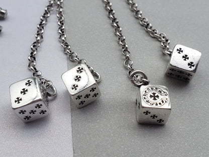 Chrome Design Cross Long Chain Dice Pendant Earrings