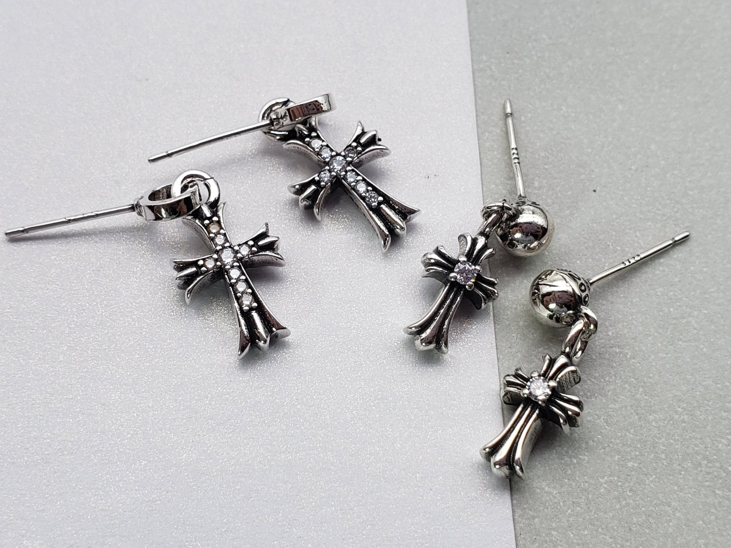 Chrome Design Cross Flower Pendant Earrings