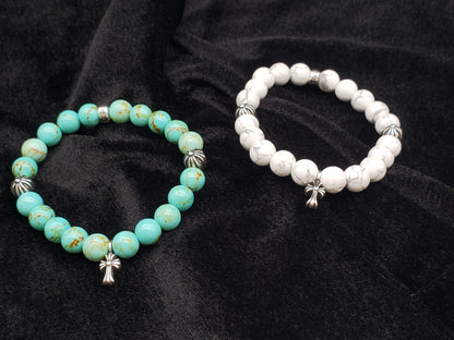 Chrome Retro Turquoise / White Jade Ball Cross Bracelet Set