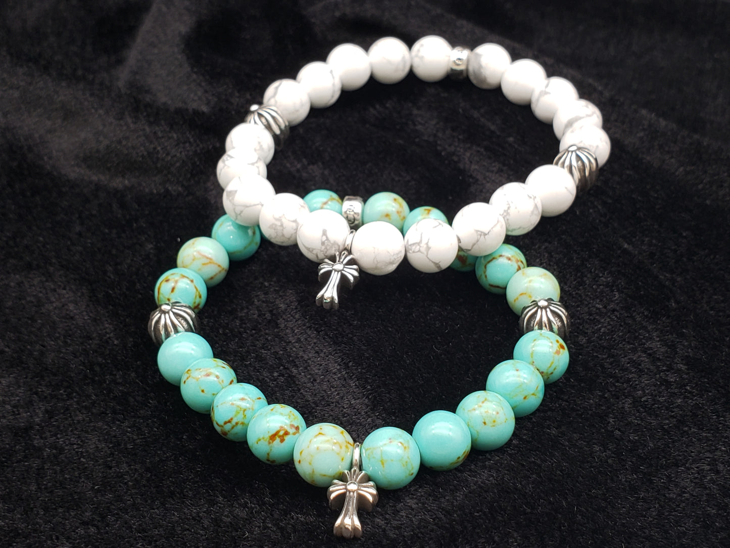 Chrome Retro Turquoise / White Jade Ball Cross Bracelet Set