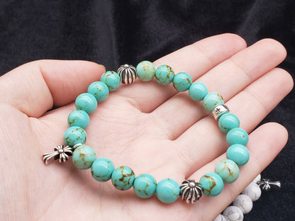 Chrome Retro Turquoise / White Jade Ball Cross Bracelet Set