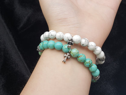 Chrome Retro Turquoise / White Jade Ball Cross Bracelet Set