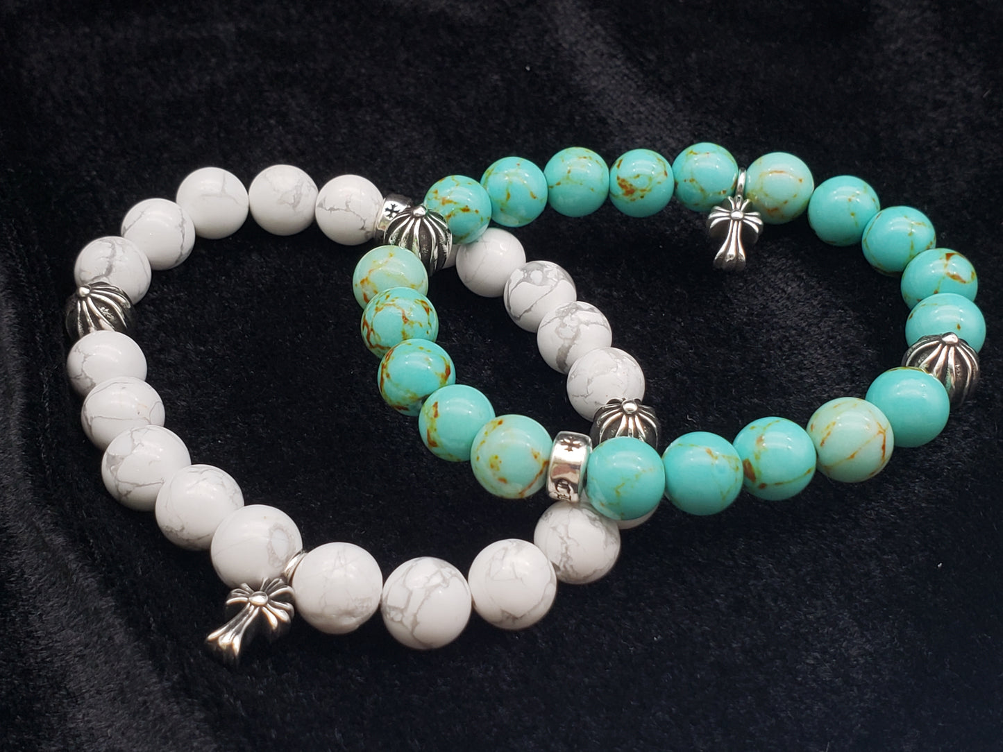 Chrome Retro Turquoise / White Jade Ball Cross Bracelet Set