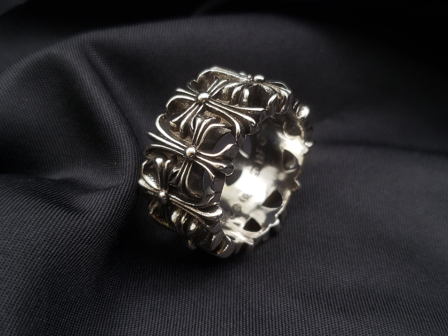 Chrome Classic Cemetery Ring, Cross Flower Ring