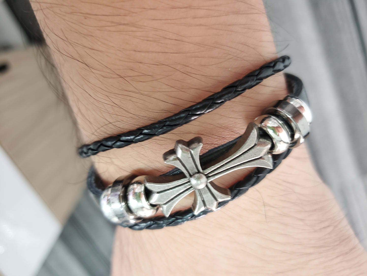 Chrome Design Punk Cross Bracelet, Leather Bracelet, Gift Pack