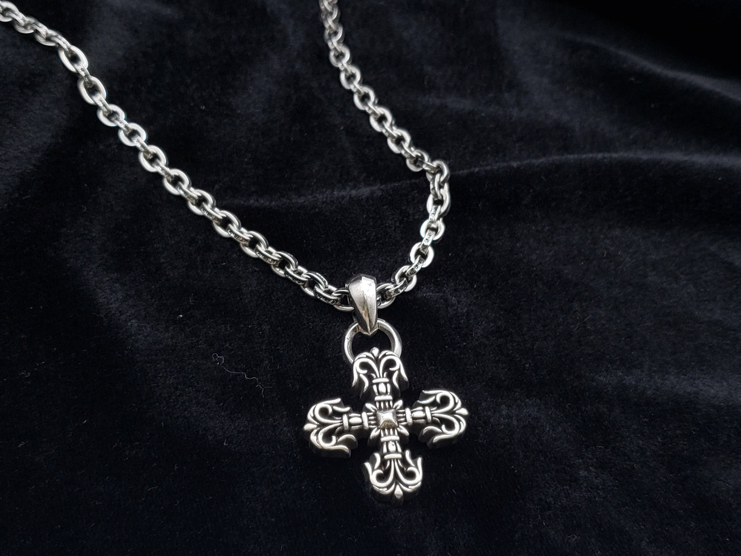 Chrome Design Flame Cross Necklace