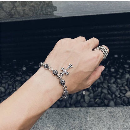 Chrome Design Round Bead Bracelet with Cross