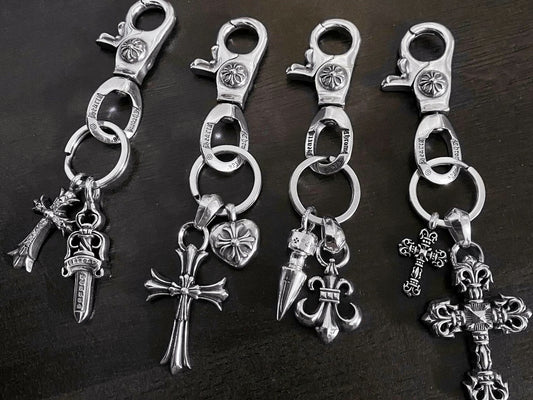 Chrome Jewelry Fashion Keychain, Thai Silver Cross Anchor Heart Sword Lobster Buckle