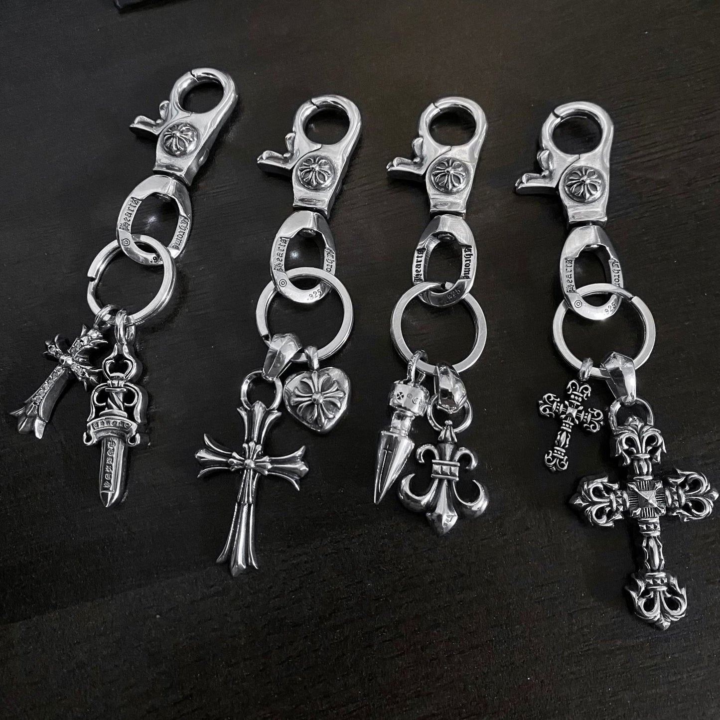 Chrome Jewelry Fashion Keychain, Thai Silver Cross Anchor Heart Sword Lobster Buckle