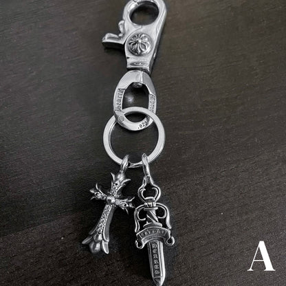 Chrome Jewelry Fashion Keychain, Thai Silver Cross Anchor Heart Sword Lobster Buckle