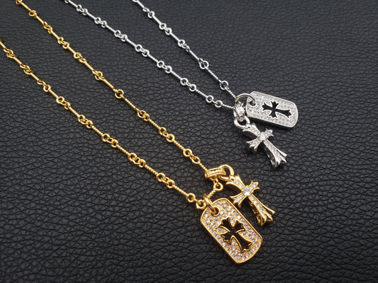 Chrome Double Cross Gold Full Diamond Retro Necklace