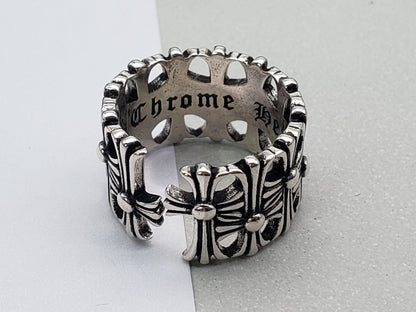 Chrome Inspired Retro Ring, Shiny Silver Cross Open Adjustable Ring