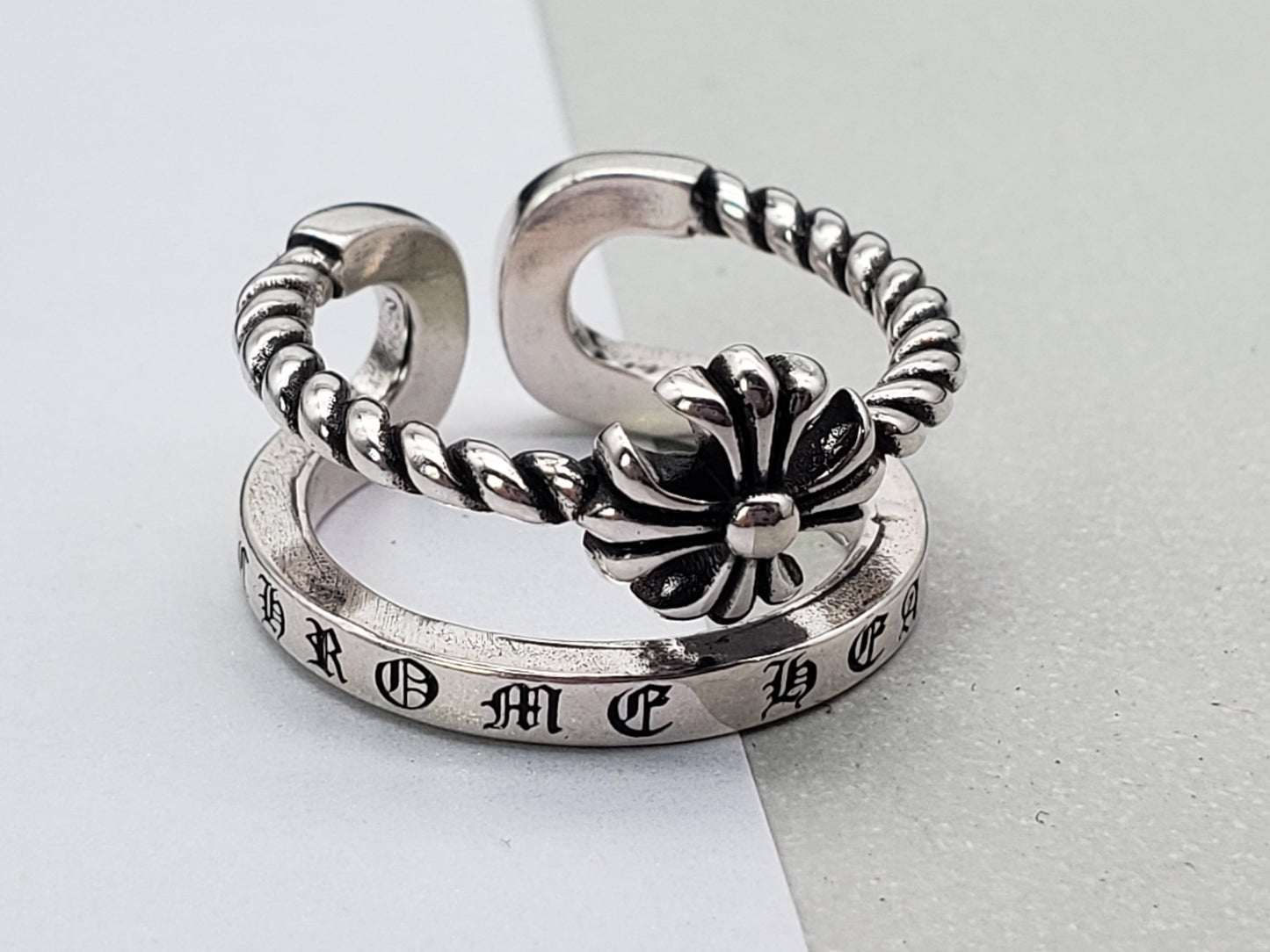 Chrome Design Double Open Ring Retro Hollow Cross Flower